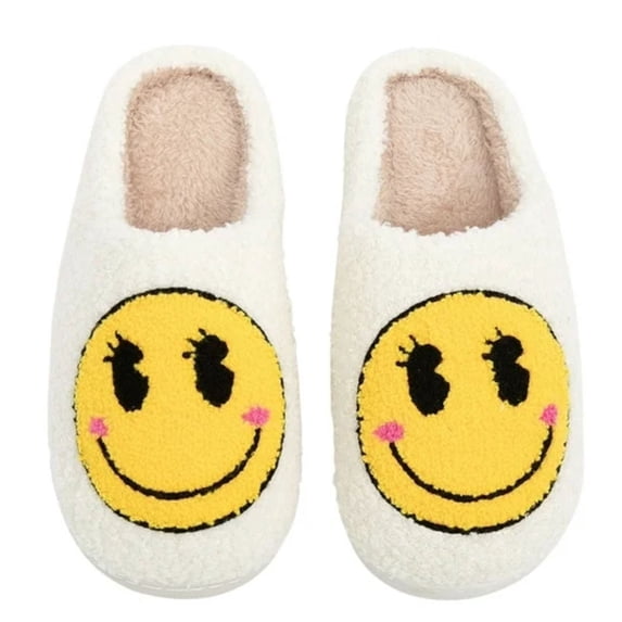BERANMEY Cute Smile Face Slippers for Women Perfect Soft Plush Comfy Warm Slip-On Happy Face Slippers fo Women Indoor fluffy Smile House Slippers for Women and Men Non-slip Fuzzy Flat Slides