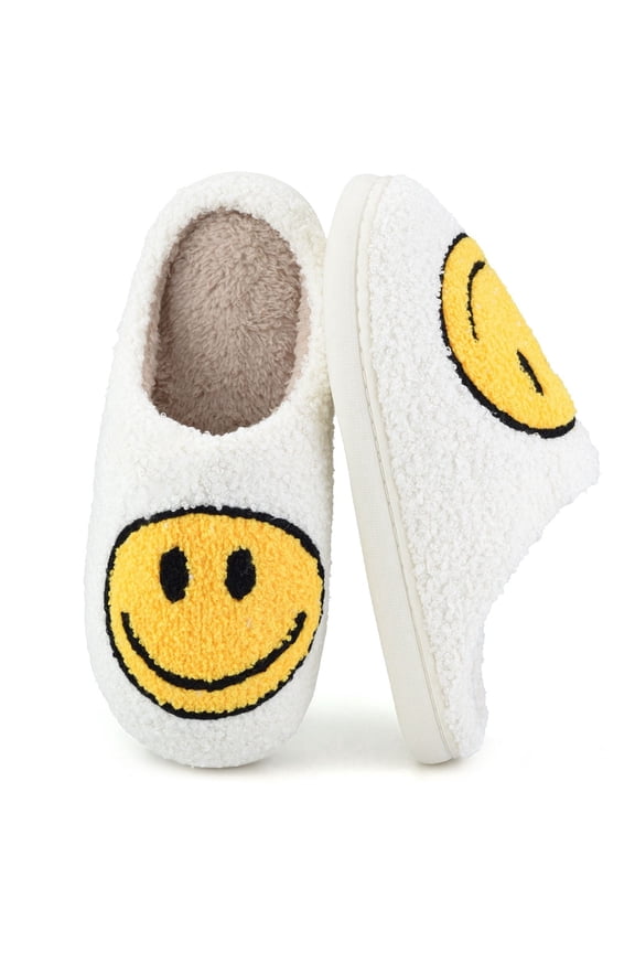 Cute Smile Face Slippers for Women Perfect Soft Plush Comfy Warm Slip-On Happy Face Slippers fo Women Indoor fluffy Smile House Slippers for Women and Men Non-slip Fuzzy Flat Slides