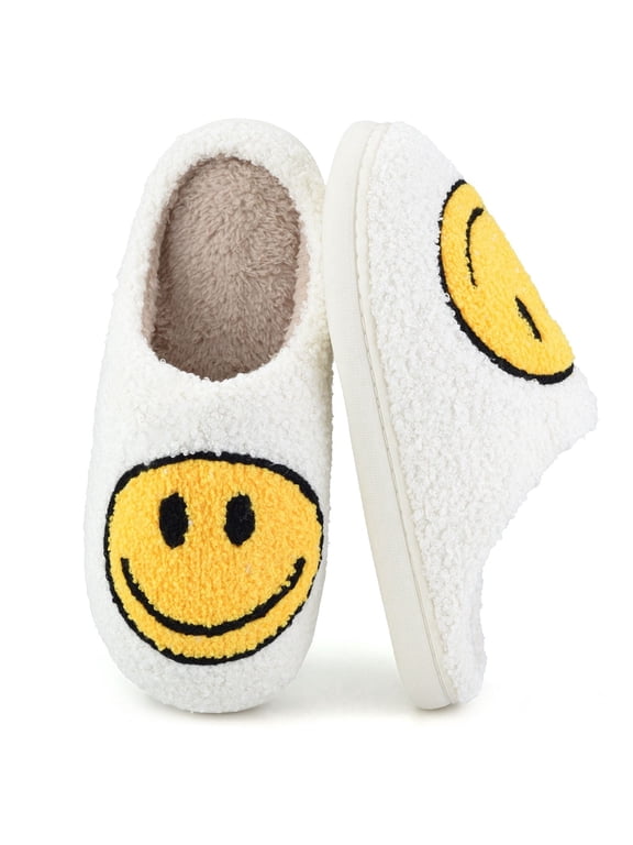 Cute Smile Face Slippers for Women Perfect Soft Plush Comfy Warm Slip-On Happy Face Slippers fo Women Indoor fluffy Smile House Slippers for Women and Men Non-slip Fuzzy Flat Slides