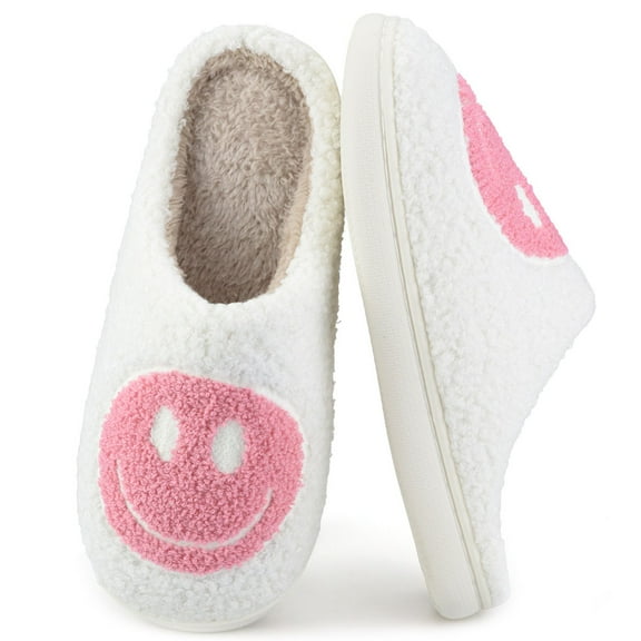 BERANMEY Cute Smile Face Slippers for Women Perfect Soft Plush Comfy Warm Slip-On Happy Face Slippers fo Women Indoor fluffy Smile House Slippers for Women and Men Non-slip Fuzzy Flat Slides