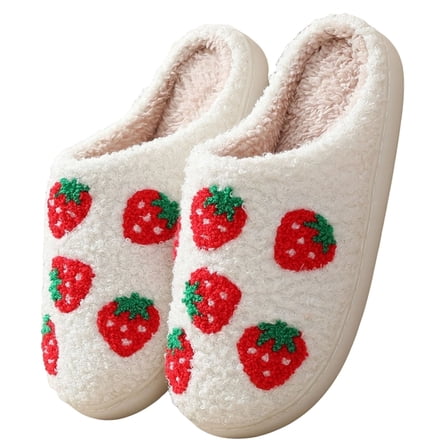 BERANMEY Cute Strawberry Slippers for Women Perfect Soft Plush Comfy Warm Slip-On Happy Face Slippers fo Women Indoor fluffy Smile House Slippers for Women and Men Non-slip Fuzzy Flat Slides