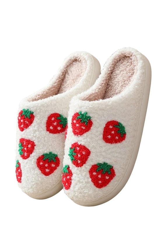 Cute Strawberry Slippers for Women Perfect Soft Plush Comfy Warm Slip-On Happy Face Slippers fo Women Indoor fluffy Smile House Slippers for Women and Men Non-slip Fuzzy Flat Slides