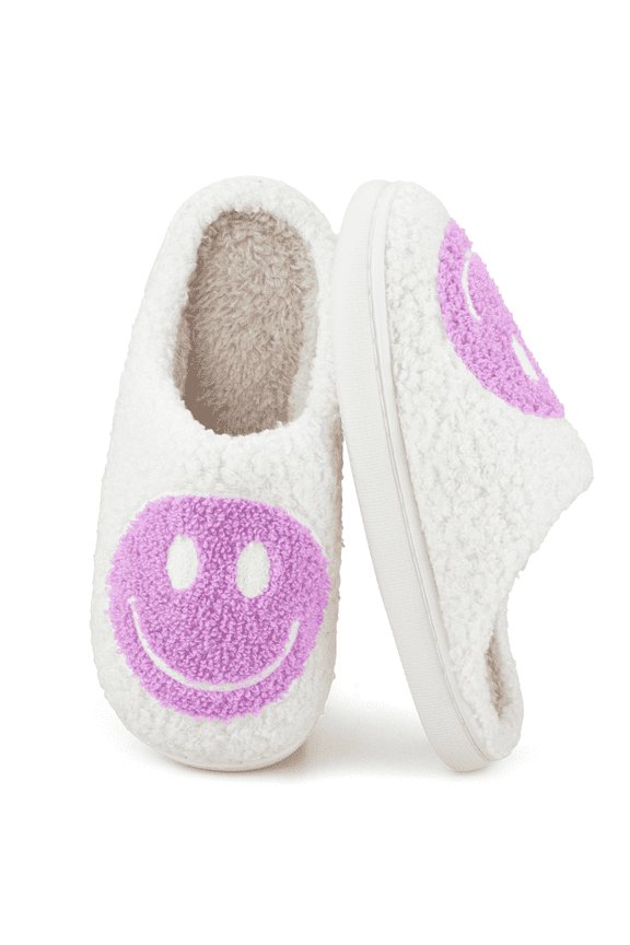 Cute Smile Face Slippers for Women Perfect Soft Plush Comfy Warm Slip-On Happy Face Slippers fo Women Indoor fluffy Smile House Slippers for Women and Men Non-slip Fuzzy Flat Slides
