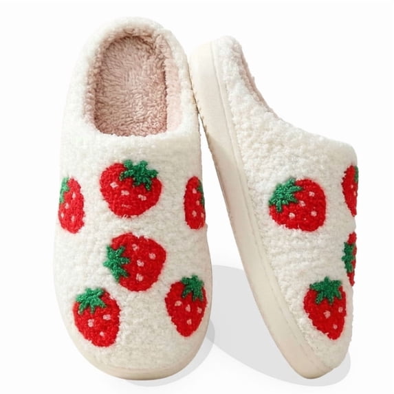 BERANMEY Cute Fruits Print Slippers for Women Soft Plush Comfy Warm Slip-On Womens Slippers Indoor Fluffy House Slippers for Women and Men Non-slip Fuzzy Flat Slides