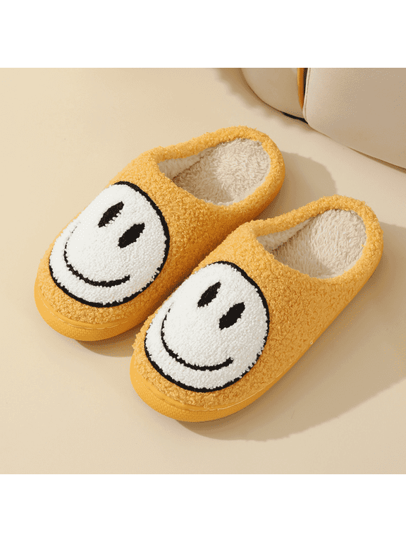Cute Smile Face Slippers for Women Perfect Soft Plush Comfy Warm Slip-On Happy Face Slippers fo Women Indoor fluffy Smile House Slippers for Women and Men Non-slip Fuzzy Flat Slides