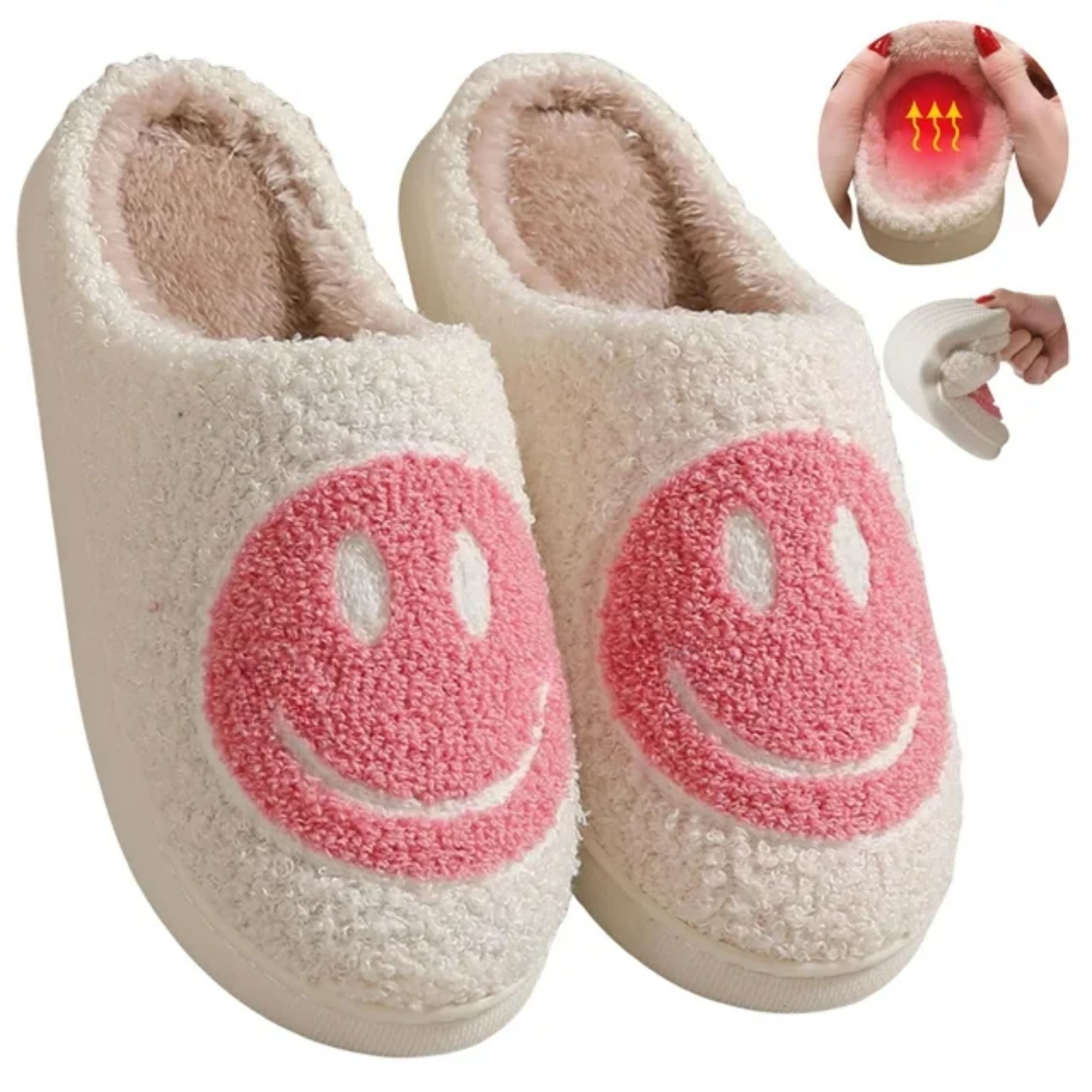 BERANMEY Cute Smile Face Slippers for Women Perfect Soft Plush Comfy Warm Slip-On Happy Face Slippers fo Women Indoor fluffy Smile House Slippers for Women and Men Non-slip Fuzzy Flat Slides - image 1 of 7