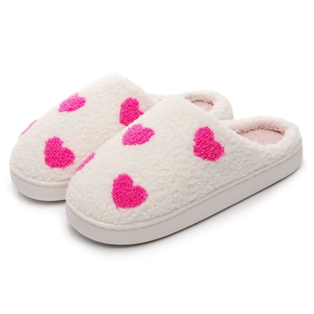 BERANMEY Cute Valentine's Day Slippers for Women Soft Plush Comfy Warm Slip-On Heart Love Couple Slippers fo Women Indoor Fluffy House Slippers for Women and Men Non-slip Fuzzy Flat Slides