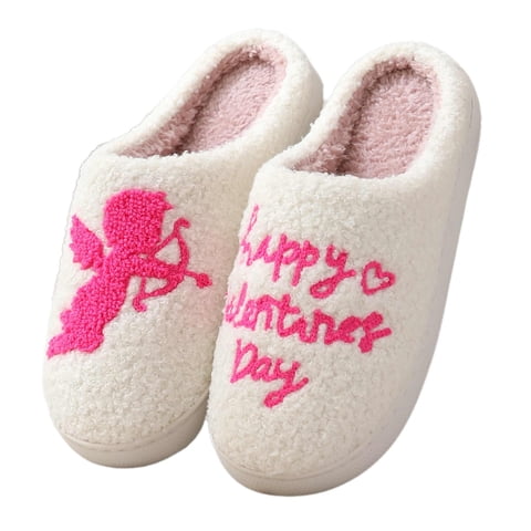 Cute Valentine's Day Slippers for Women Soft Plush Comfy Warm Slip-On Heart Love Couple Slippers fo Women Indoor Fluffy House Slippers for Women and Men Non-slip Fuzzy Flat Slides