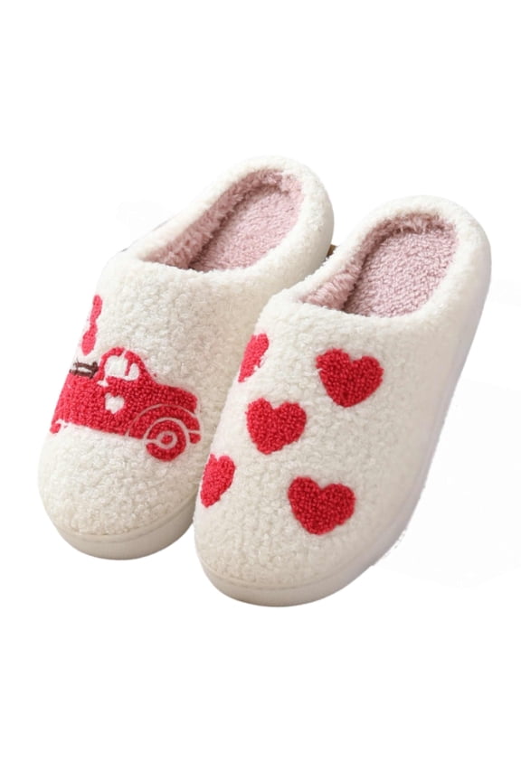 Cute Valentine's Day Slippers for Women Soft Plush Comfy Warm Slip-On Heart Love Couple Slippers fo Women Indoor Fluffy House Slippers for Women and Men Non-slip Fuzzy Flat Slides