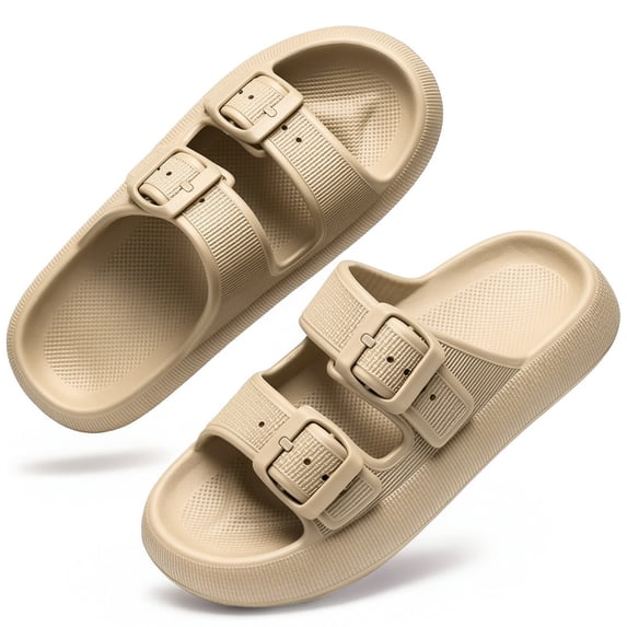BERANMEY Double Buckle Adjustable Slides Sandals for Women and Men Casual Pillow Slippers for Women EVA Flat Slides Sandals