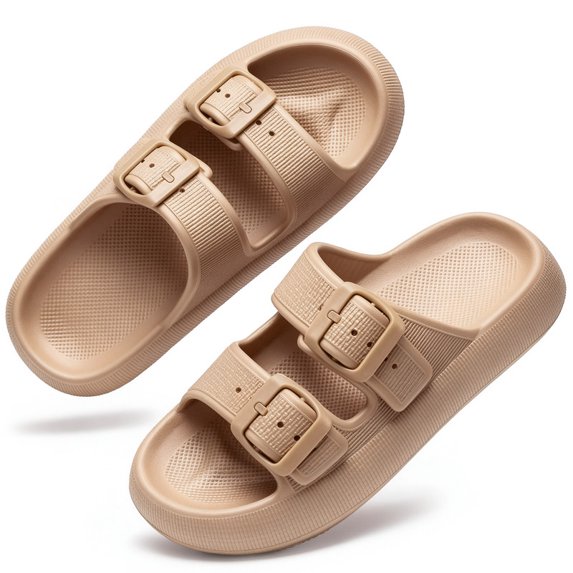 BERANMEY Double Buckle Adjustable Slides Sandals for Women and Men Casual Pillow Slippers for Women EVA Flat Slides Sandals