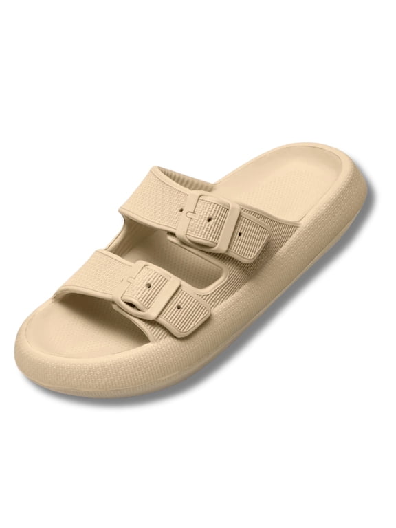 Double Buckle Adjustable Slides Sandals for Women and Men Casual Pillow Slippers for Women EVA Flat Slides Sandals