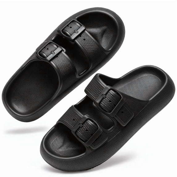 BERANMEY Double Buckle Adjustable Slides Sandals for Women and Men Casual Pillow Slippers for Women EVA Flat Slides Sandals