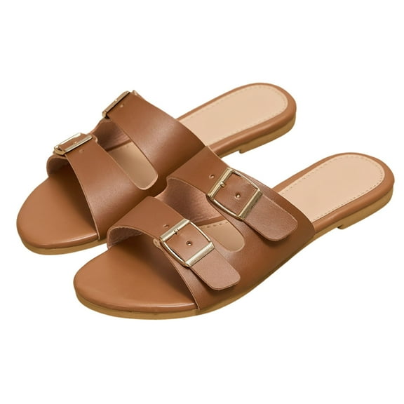 BERANMEY Double Buckle Adjustable Straps Sandals for Women Casual Open Toe Slip-On Beach Women Sandals Summer Shoes