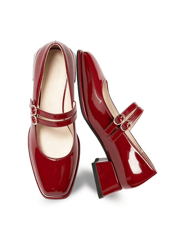 Double Buckle Mary Jane Shoes for Women PU Leather Chunky Low Block Heel Pumps Comfortable Closed Toe Dress Shoes for Wedding Office Work & Casual Outfits (Retro Vintage Style)