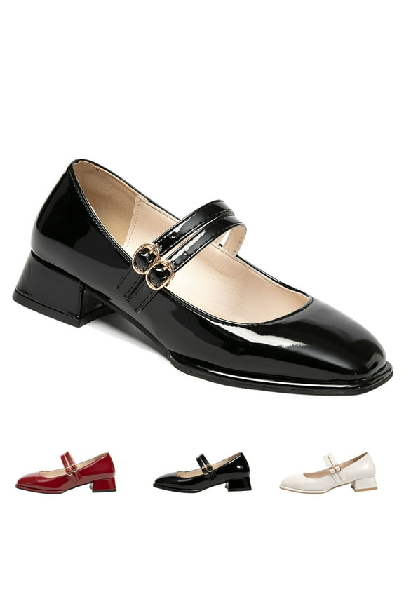 Double Buckle Mary Jane Shoes for Women PU Leather Chunky Low Block Heel Pumps Comfortable Closed Toe Dress Shoes for Wedding Office Work & Casual Outfits (Retro Vintage Style)