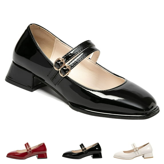 BERANMEY Double Buckle Mary Jane Shoes for Women PU Leather Chunky Low Block Heel Pumps Comfortable Closed Toe Dress Shoes for Wedding Office Work & Casual Outfits (Retro Vintage Style)