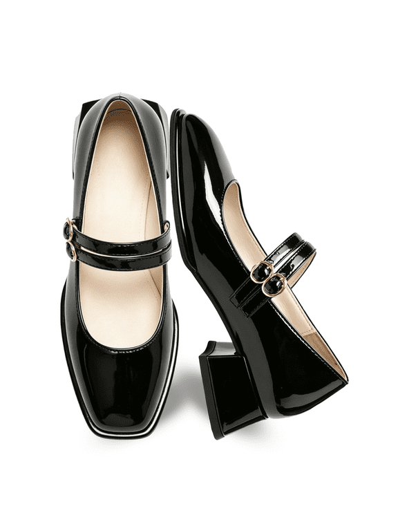 Double Buckle Mary Jane Shoes for Women PU Leather Chunky Low Block Heel Pumps Comfortable Closed Toe Dress Shoes for Wedding Office Work & Casual Outfits (Retro Vintage Style)