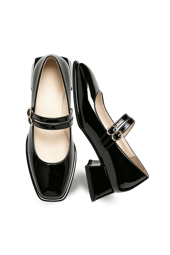 Double Buckle Mary Jane Shoes for Women PU Leather Chunky Low Block Heel Pumps Comfortable Closed Toe Dress Shoes for Wedding Office Work & Casual Outfits (Retro Vintage Style)
