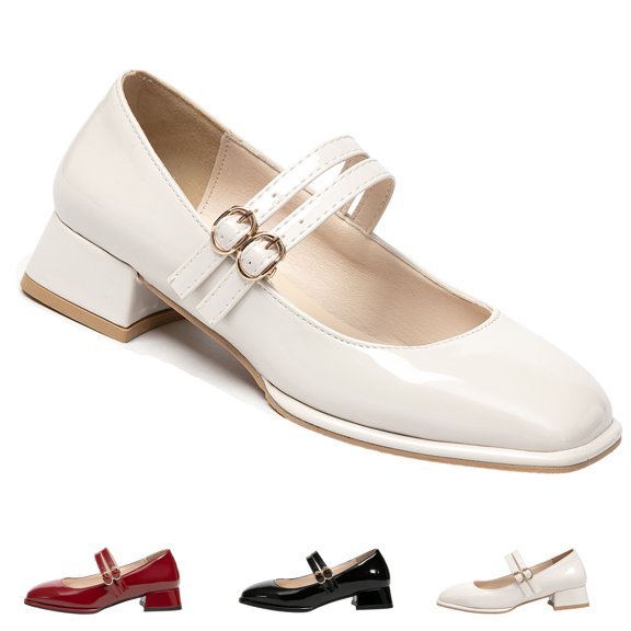 BERANMEY Double Buckle Mary Jane Shoes for Women PU Leather Chunky Low Block Heel Pumps Comfortable Closed Toe Dress Shoes for Wedding Office Work & Casual Outfits (Retro Vintage Style)