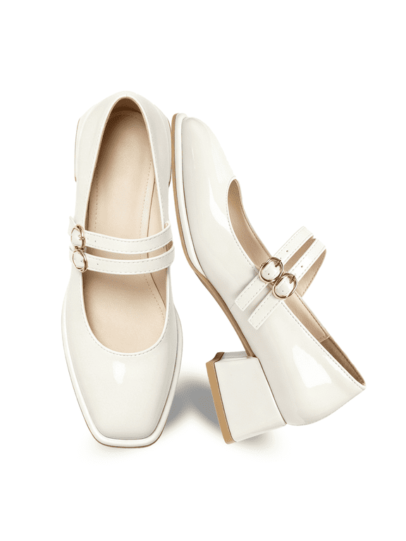 Double Buckle Mary Jane Shoes for Women PU Leather Chunky Low Block Heel Pumps Comfortable Closed Toe Dress Shoes for Wedding Office Work & Casual Outfits (Retro Vintage Style)