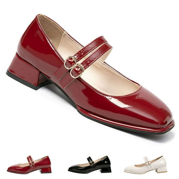 BERANMEY Double Buckle Mary Jane Shoes for Women PU Leather Chunky Low Block Heel Pumps Comfortable Closed Toe Dress Shoes for Wedding Office Work & Casual Outfits (Retro Vintage Style)