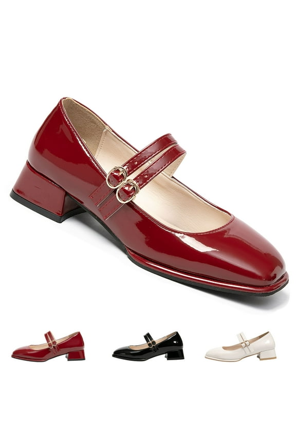 Double Buckle Mary Jane Shoes for Women PU Leather Chunky Low Block Heel Pumps Comfortable Closed Toe Dress Shoes for Wedding Office Work & Casual Outfits (Retro Vintage Style)