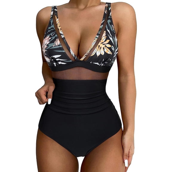 BERANMEY One-Pieces Swimsuit for Women Sexy Mesh Tummy Control One-Pieces Swimwear for Women Push Up High Waisted Swimwear Bathing Suit S-2XL