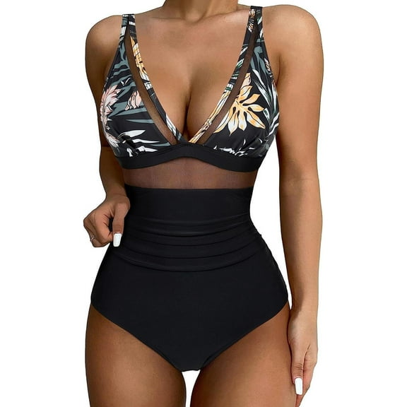 BERANMEY Floral Print Women Sexy Mesh Tummy Control One-Pieces Swimsuit for Women Push Up High Waisted One-pieces Swimwear Bathing Suit S-2XL
