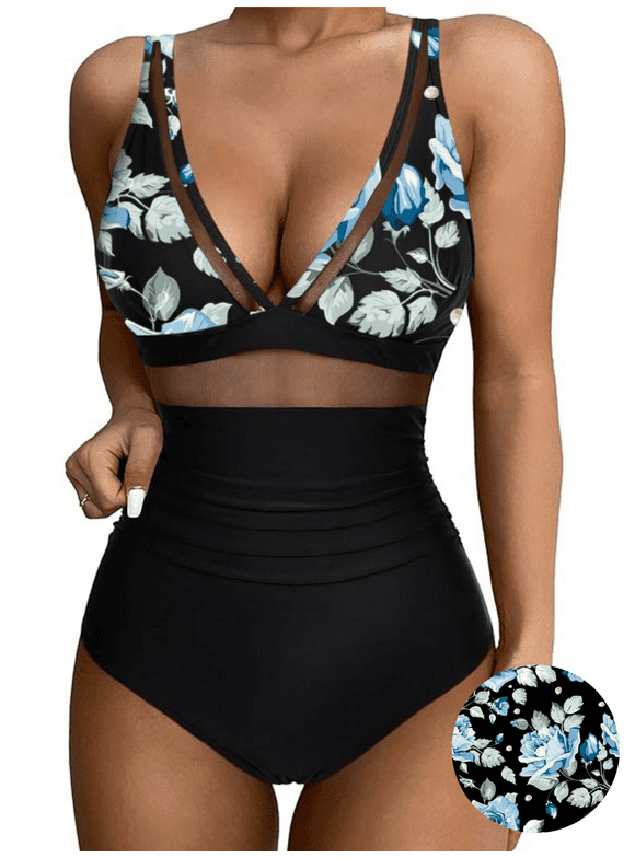 BERANMEY Floral Print Women Sexy Mesh Tummy Control One-Pieces Swimsuit for Women Push Up High Waisted One-pieces Swimwear Bathing Suit S-2XL