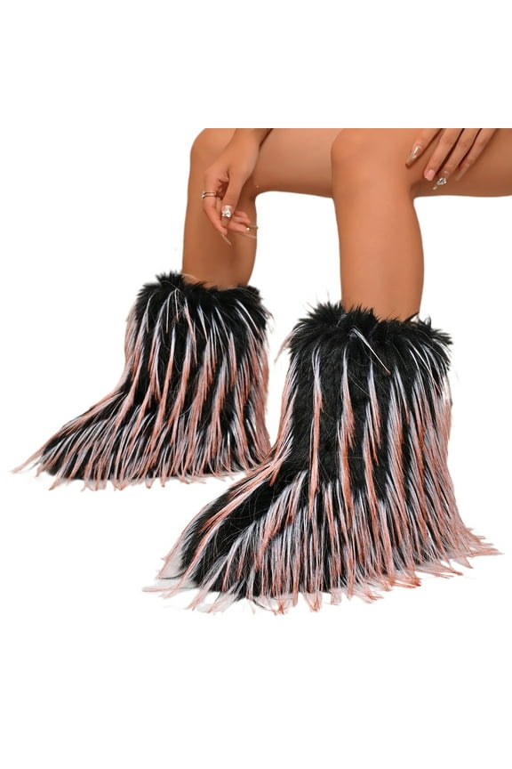 Furry Faux Fur Boots for Women Fuzzy Fluffy Mid Calf Snow Boots Women's Fashion Comfy Round Toe Winter Boots Plush Warm Short Flat Heel Mid-Calf Shoes
