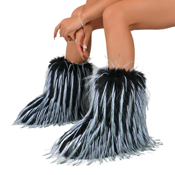 BERANMEY Furry Faux Fur Boots for Women Fuzzy Fluffy Mid Calf Snow Boots Women's Fashion Comfy Round Toe Winter Boots Plush Warm Short Flat Heel Mid-Calf Shoes