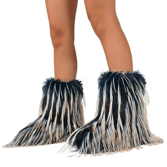 BERANMEY Furry Faux Fur Boots for Women Fuzzy Fluffy Mid Calf Snow Boots Women's Fashion Comfy Round Toe Winter Boots Plush Warm Short Flat Heel Mid-Calf Shoes