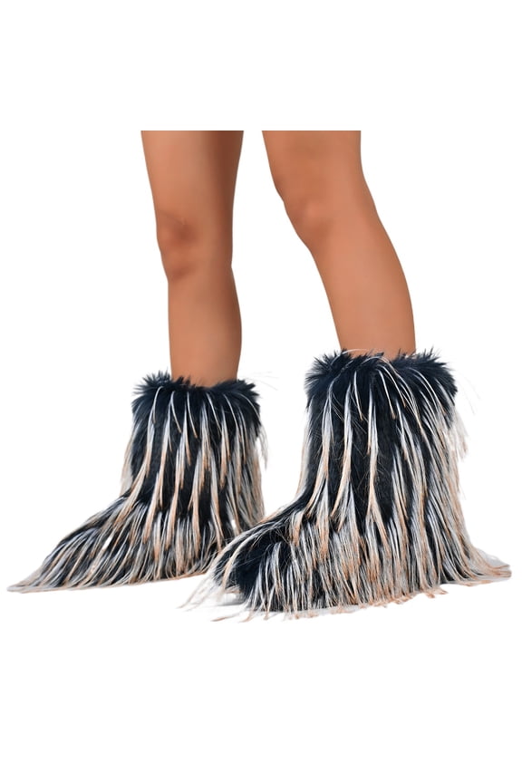 Furry Faux Fur Boots for Women Fuzzy Fluffy Mid Calf Snow Boots Women's Fashion Comfy Round Toe Winter Boots Plush Warm Short Flat Heel Mid-Calf Shoes
