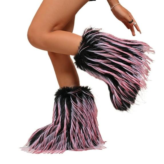 BERANMEY Furry Faux Fur Boots for Women Fuzzy Fluffy Mid Calf Snow Boots Women's Fashion Comfy Round Toe Winter Boots Plush Warm Short Flat Heel Mid-Calf Shoes