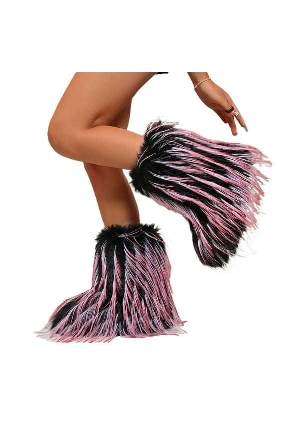 Furry Faux Fur Boots for Women Fuzzy Fluffy Mid Calf Snow Boots Women's Fashion Comfy Round Toe Winter Boots Plush Warm Short Flat Heel Mid-Calf Shoes
