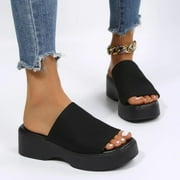BERANMEY Knit Platform Slippers Women's Platform Wedge Sandals Comfort Square Open Toe Mules Classic Slip On Slippers Casual Slides for Women Single Band Flatform Slide