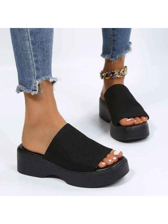 Knit Platform Slippers Women's Platform Wedge Sandals Comfort Square Open Toe Mules Classic Slip On Slippers Casual Slides for Women Single Band Flatform Slide