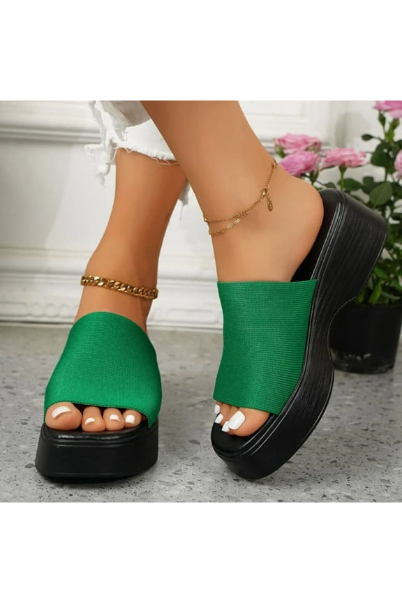 Knit Platform Slippers Women's Platform Wedge Sandals Comfort Square Open Toe Mules Classic Slip On Slippers Casual Slides for Women Single Band Flatform Slide