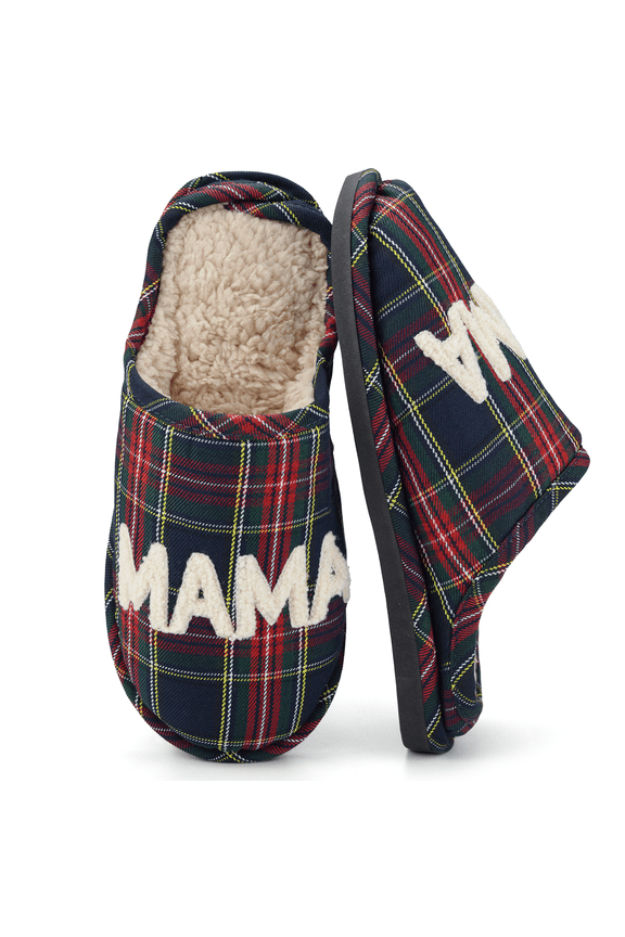 MAMA Bear Slippers for Women Warm Memory Foam Plaid Print Fuzzy Indoor Outdoor Non-Slip House Shoes for Women and Men