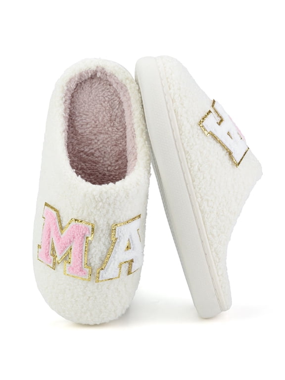 MAMA Bear Slippers for Women Warm Memory Foam Plaid Print Fuzzy Indoor Outdoor Non-Slip House Shoes for Women and Men