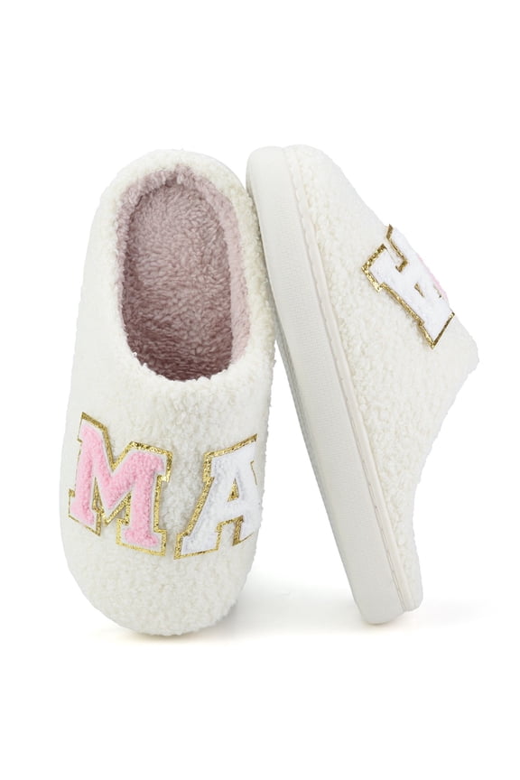 MAMA Bear Slippers for Women Warm Memory Foam Plaid Print Fuzzy Indoor Outdoor Non-Slip House Shoes for Women and Men