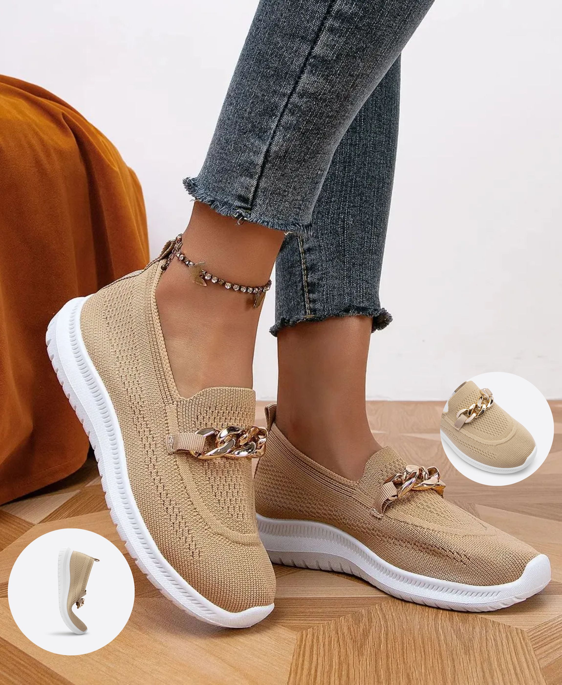 BERANMEY Metal Gold Chain Decor Slip-on Comfort Nurse Loafers Women Shoes Non Slip Shoes for Women Ladies Mesh Walking Fit Knit Breathable Shoes Dressy Casual Work Nursing Shoes