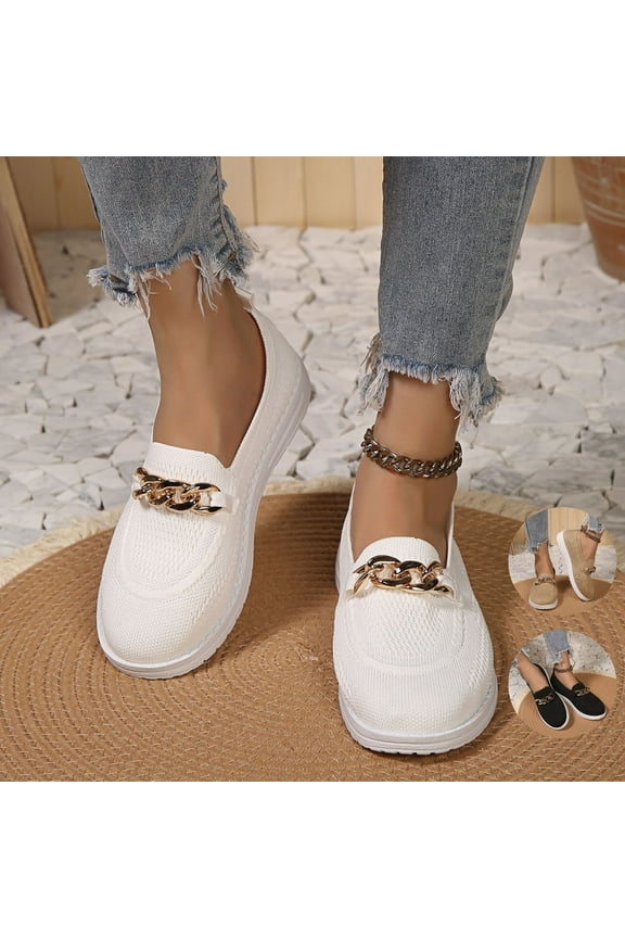 Metal Gold Chain Decor Slip-on Comfort Flat Nurse Loafers Women Shoes Non Slip Shoes for Women Ladies Mesh Walking Shoes Fit Knit Breathable Womens Shoes Dressy Casual Work Nursing Shoes