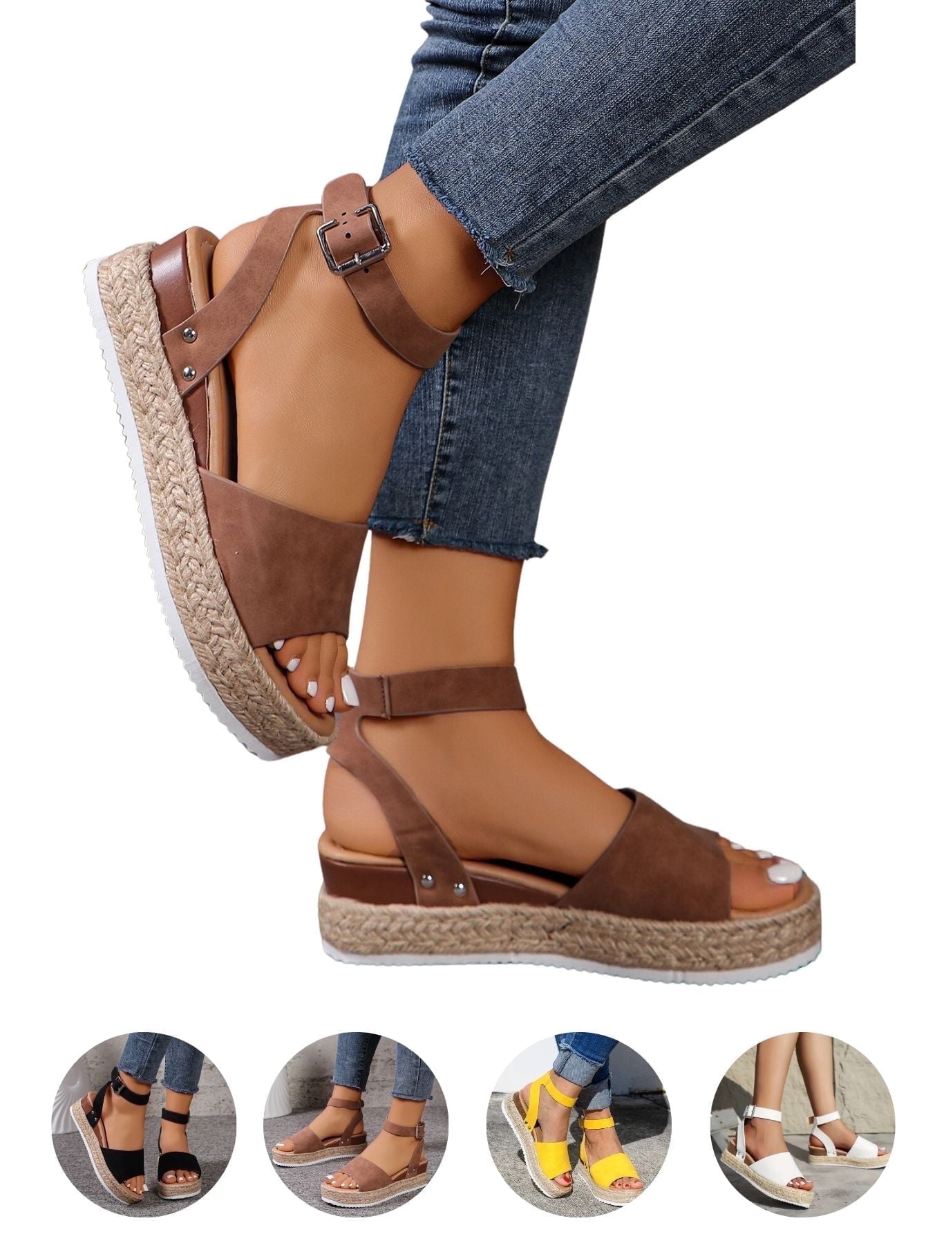 BERANMEY Open Toe Buckle Ankle Strap Espadrilles with Flatform Wedge Sandals For Women - Casual Platform Sandals Women Comfortable - Espadrilles Beach Sandals For Woman