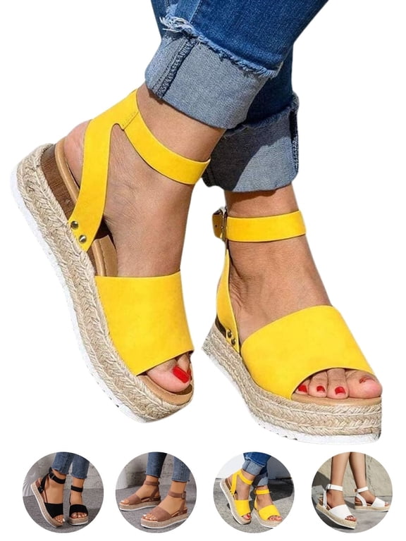 Open Toe Buckle Ankle Strap Espadrilles with Flatform Wedge Sandals For Women - Casual Platform Sandals Women Comfortable - Espadrilles Beach Sandals For Woman