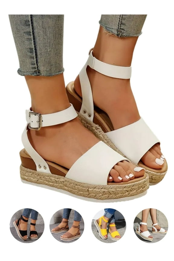 Open Toe Buckle Ankle Strap Espadrilles with Flatform Wedge Sandals For Women - Casual Platform Sandals Women Comfortable - Espadrilles Beach Sandals For Woman