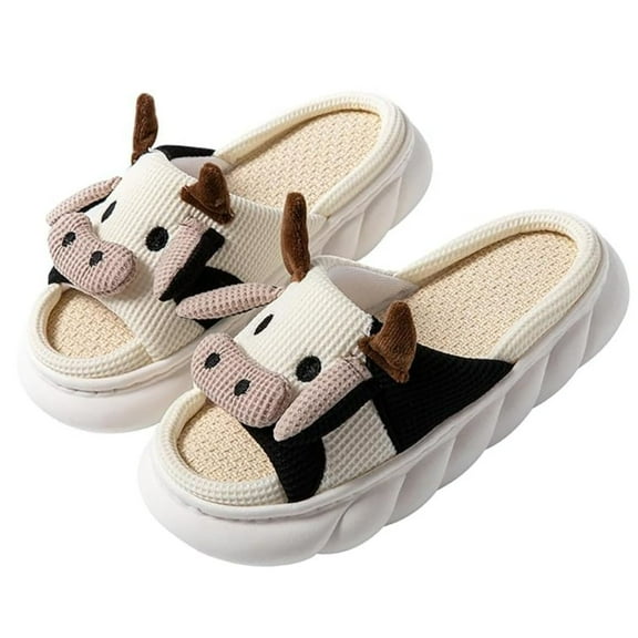 BERANMEY Open Toe Cute Cartoon Memory Foam Linen House Slippers for Women Indoor Outdoor Animal Slippers Womens Four Seasons Cow Slippers for Women and Men Non-slip Flat Slides