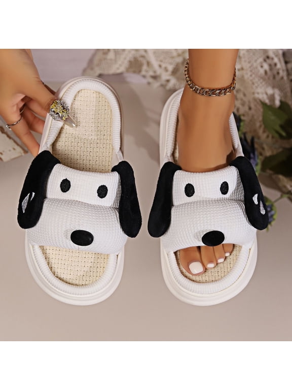 Cute Cartoon House Slippers for Women Indoor Outdoor Open Toe Animal Slippers for Women and Men Memory Foam Linen Non-slip Flat Slides