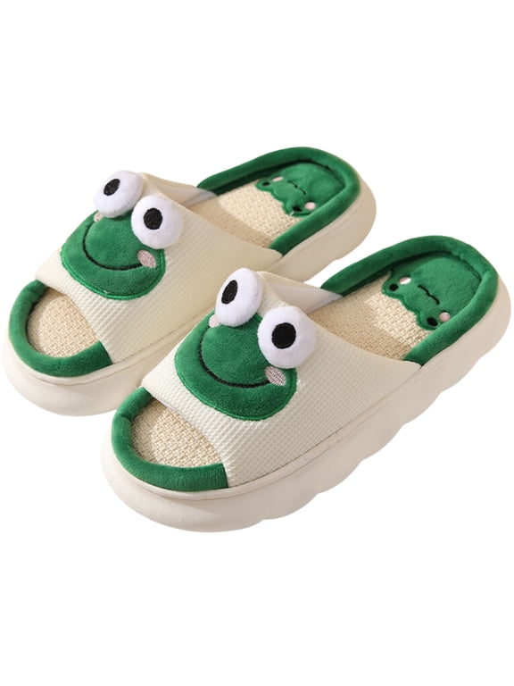 Cute Cartoon House Slippers for Women Indoor Outdoor Open Toe Animal Slippers for Women and Men Memory Foam Linen Non-slip Flat Slides